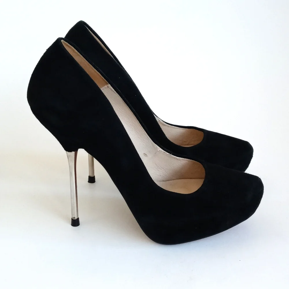 Zara Women’s Elegant Black Leather Suede Steel Chrome 5” Platform Heels 38 (7.5)